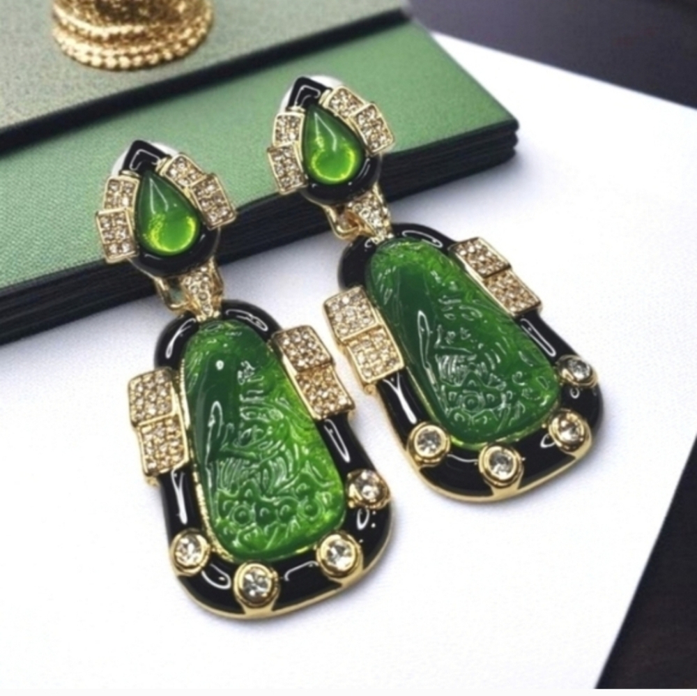 Exquisite Luxury Oversized Gold Onyx Enamel Jade Lucite Earrings